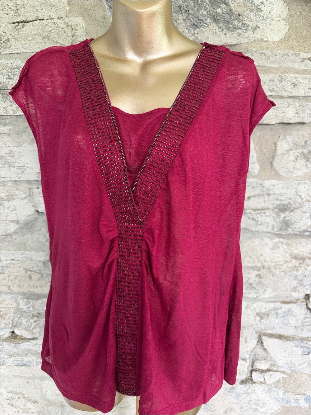 Raspberry Beaded V-Neck Top